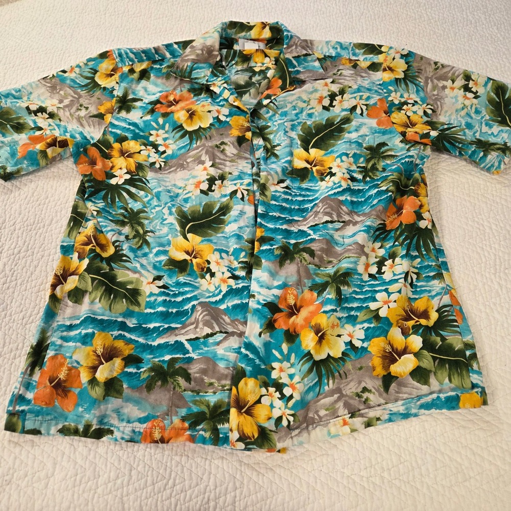 Ho Aloha Made in Hawaii Mens Large Blue Floral Cotton Tropical Button Down Shirt